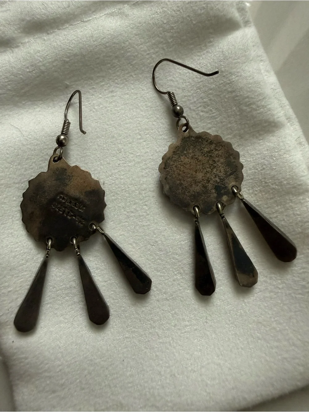 Vintage Native American Crushed Chip Turquoise Inlay Chandelier Silver Earrings
